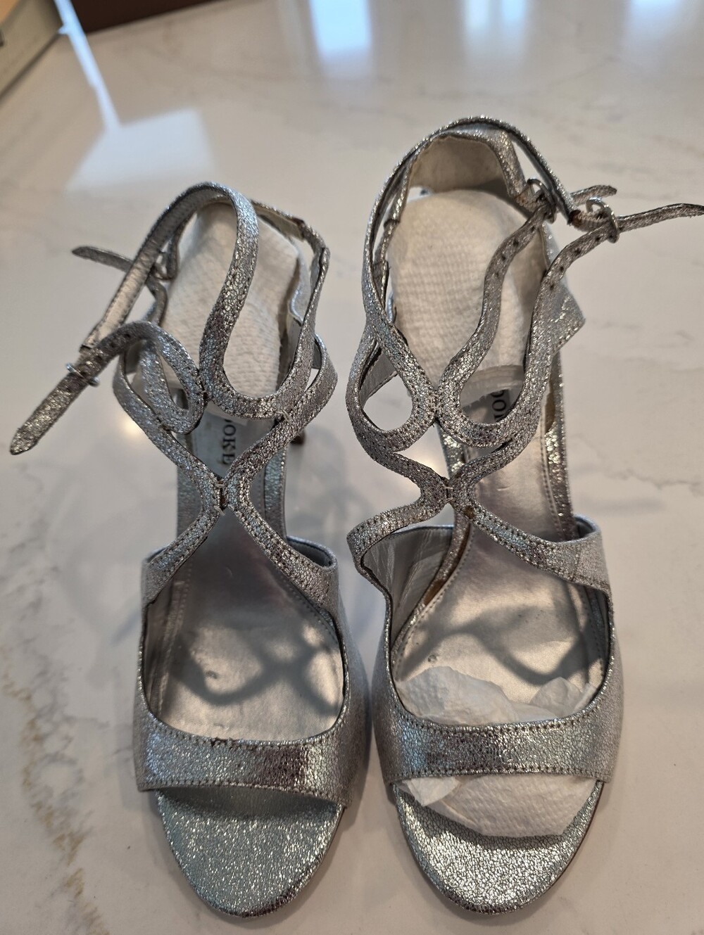 Audrey Brooke Metalic Silver Leather Glitter Strappy Women's High Heel Sandals - Picture 2 of 7